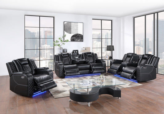 Austin Leather Power LED Reclining Black Set