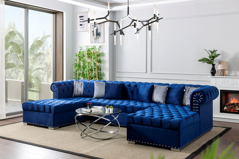 Johan Velvet Double Chaise Sectional Blue