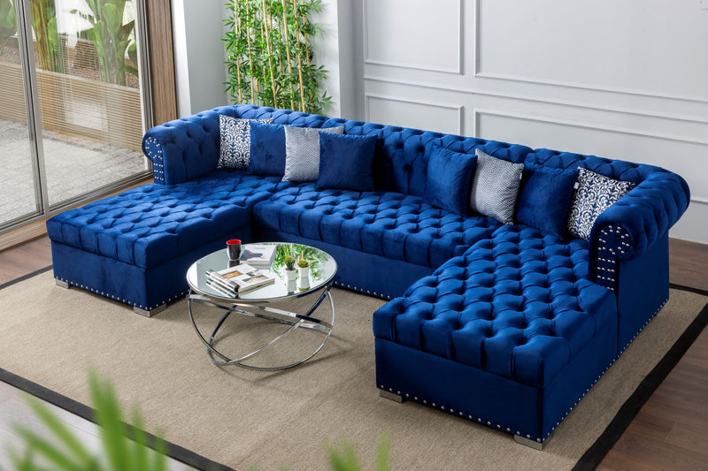 Johan Velvet Double Chaise Sectional Blue