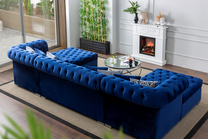 Johan Velvet Double Chaise Sectional Blue