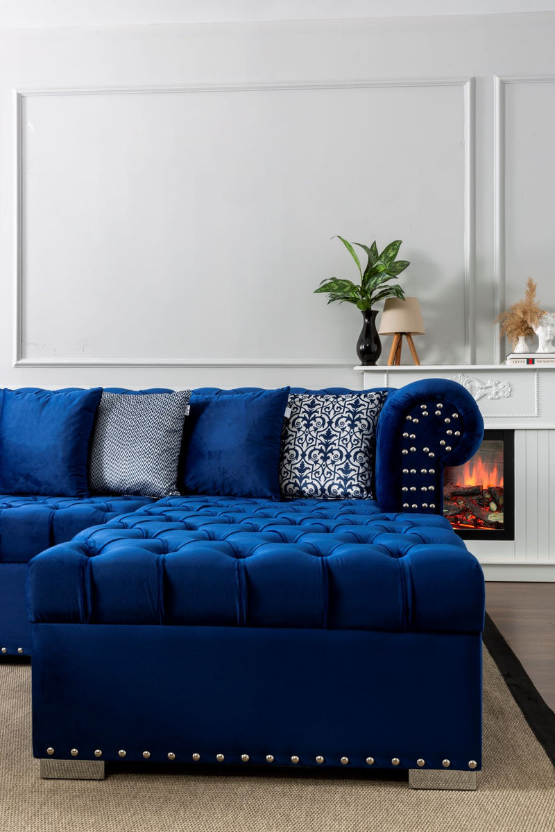 Johan Velvet Double Chaise Sectional Blue