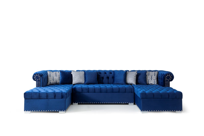 Johan Velvet Double Chaise Sectional Blue