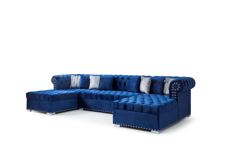 Johan Velvet Double Chaise Sectional Blue