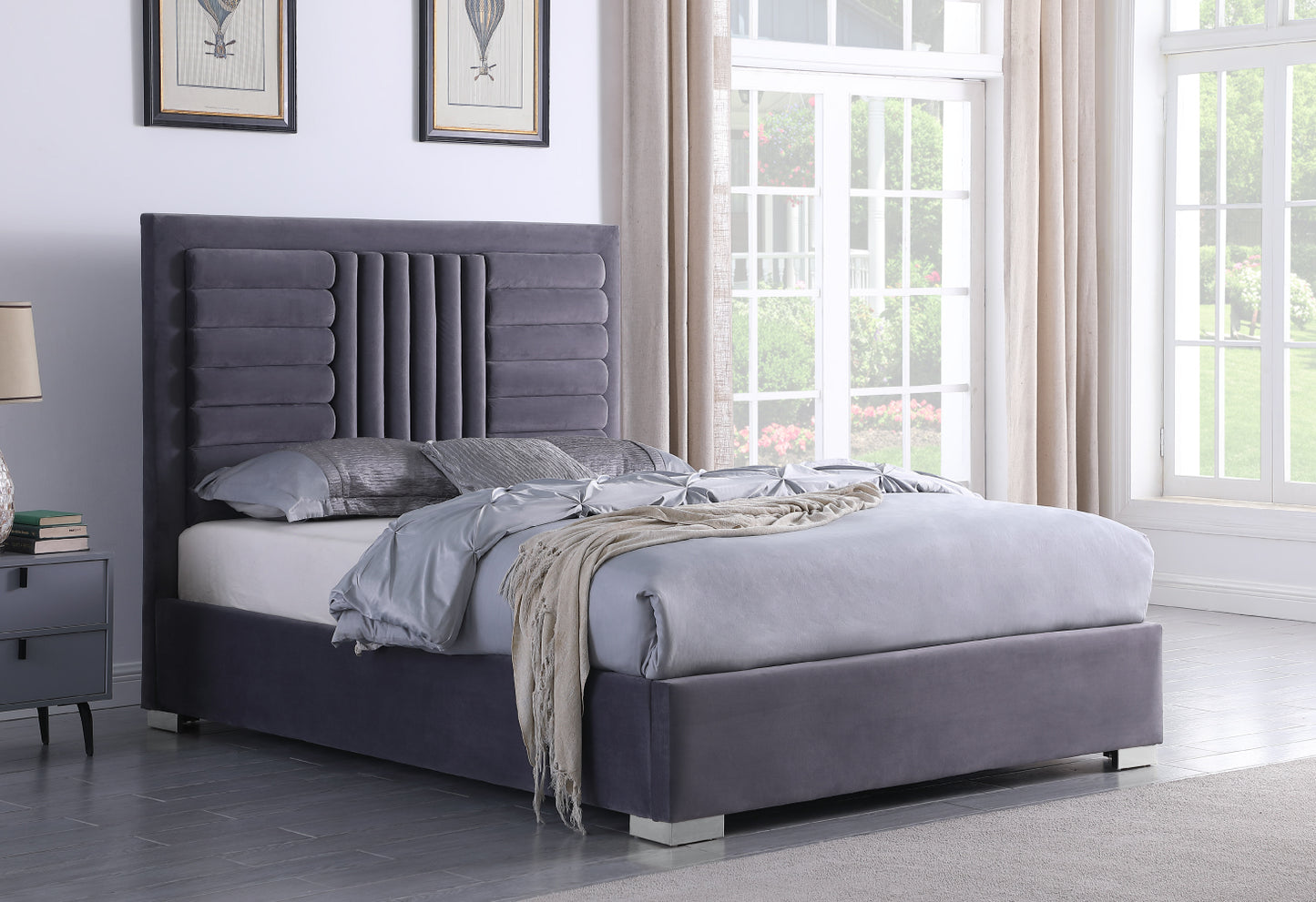 Grey Velvet Platform Single Bed