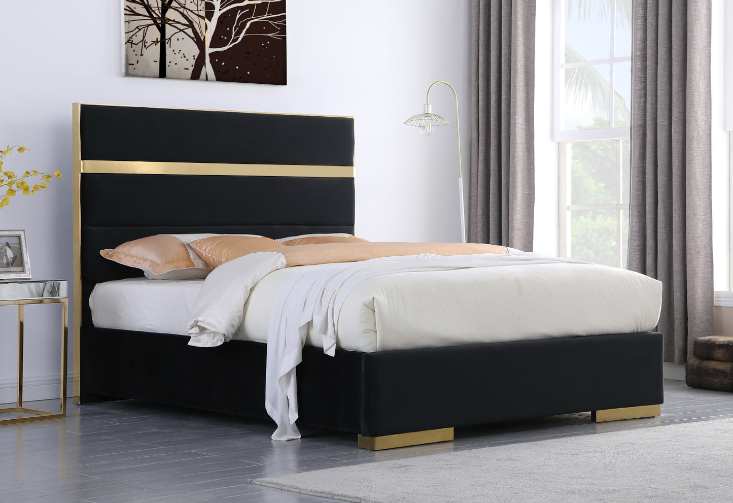 Cartier Velvet Platform Bed With Golden Base